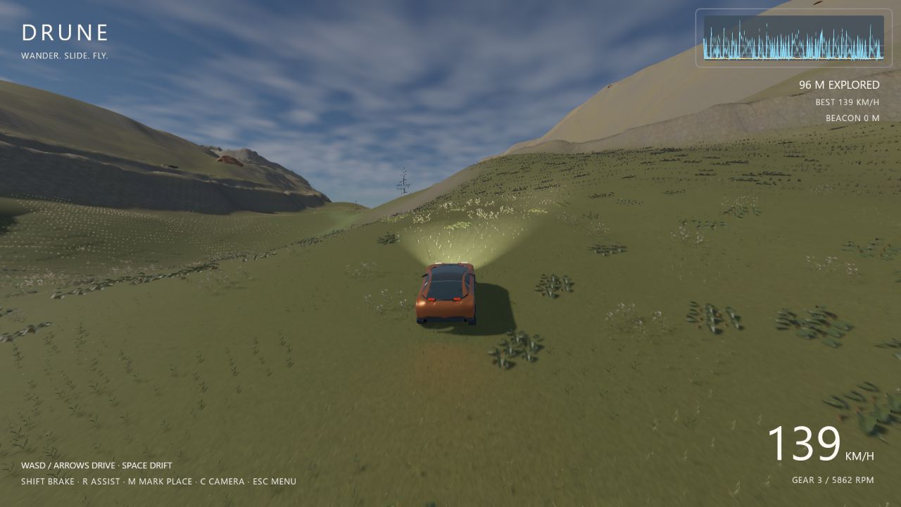 An orange Drune car driving through a wide grassy valley beneath clouded skies